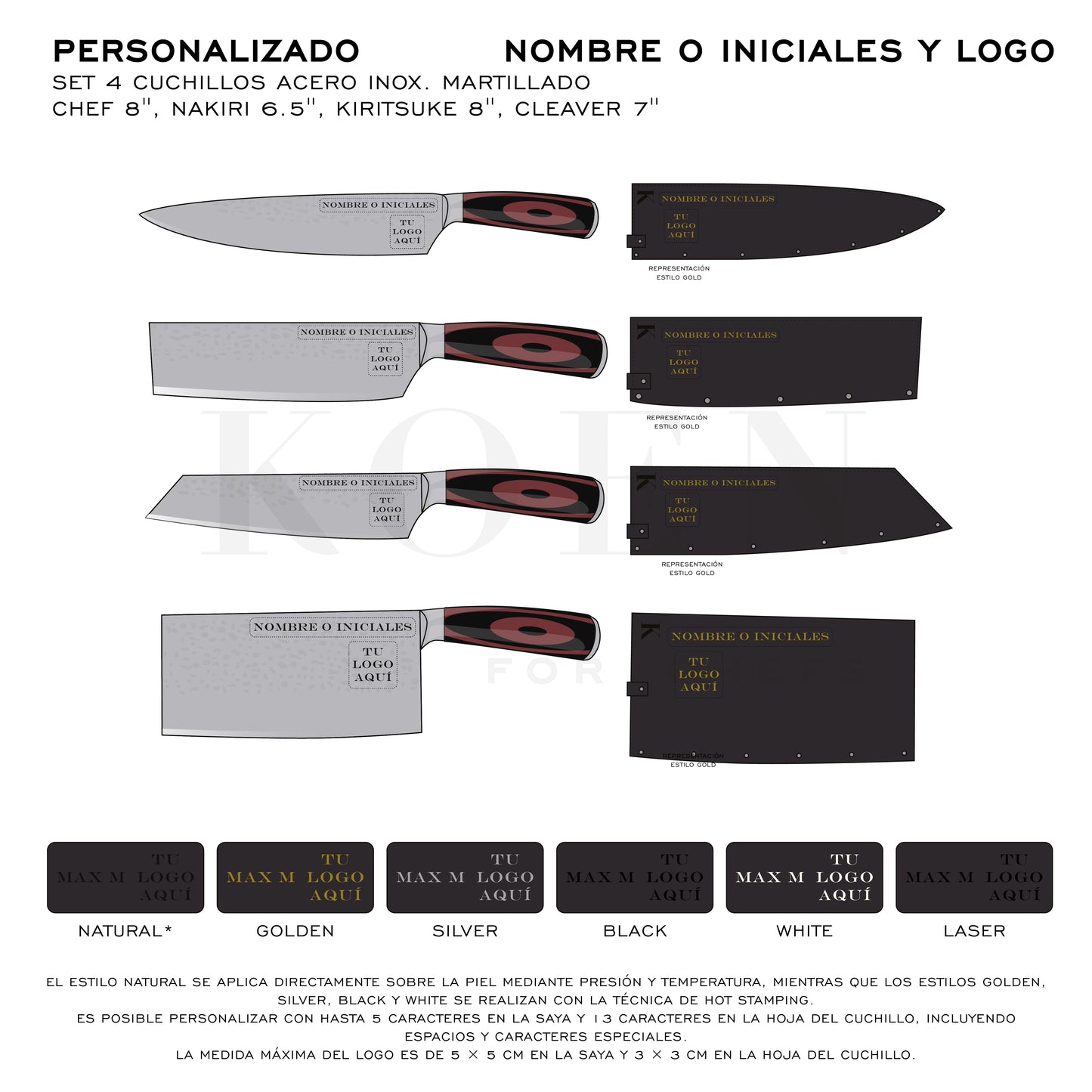 Set 4 Cuchillos KOEN for Chefs Acero Inox. Martillado (Chef 8'’, Nakiri 6.5'', Kiritsuke 8'', Cleaver 7'')