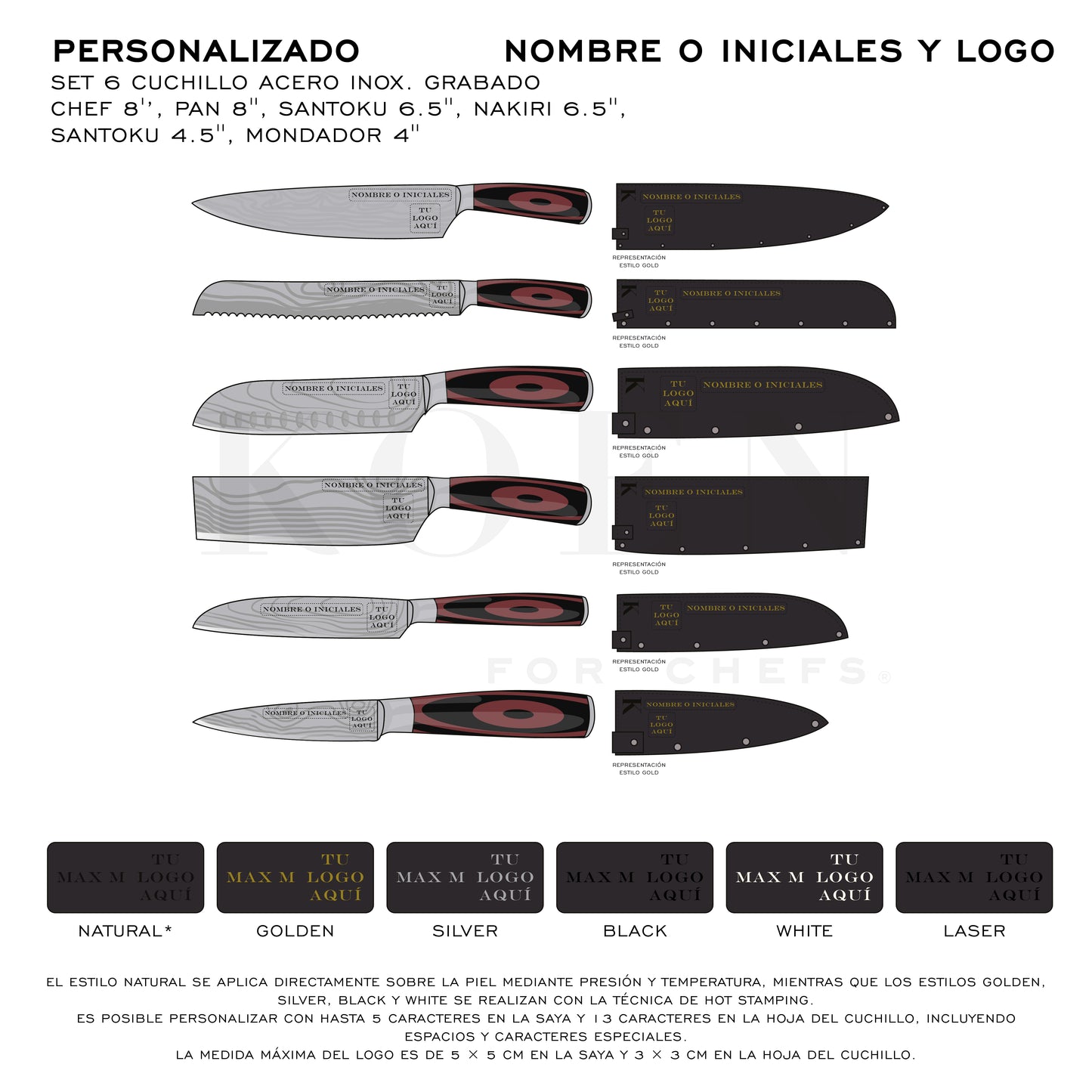 Set 6 Cuchillo KOEN for Chefs Acero Inox. Grabado (Chef 8'’, Pan 8'', Santoku 6.5'', Nakiri 6.5'', Santoku 4.5'', Mondador 4'')