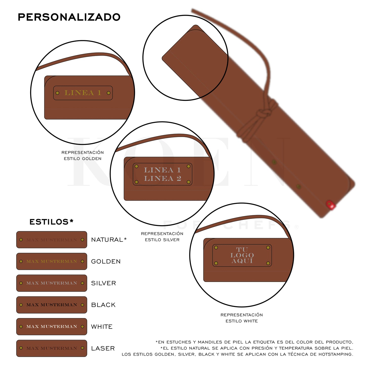 Kit Estuche Mini + Set 6 pz. Cuchillos KOEN for Chefs Acero Inox. Grabado (Chef 8'’, Pan 8'', Santoku 6.5'', Nakiri 6.5'', Santoku 4.5'', Mondador 4'')