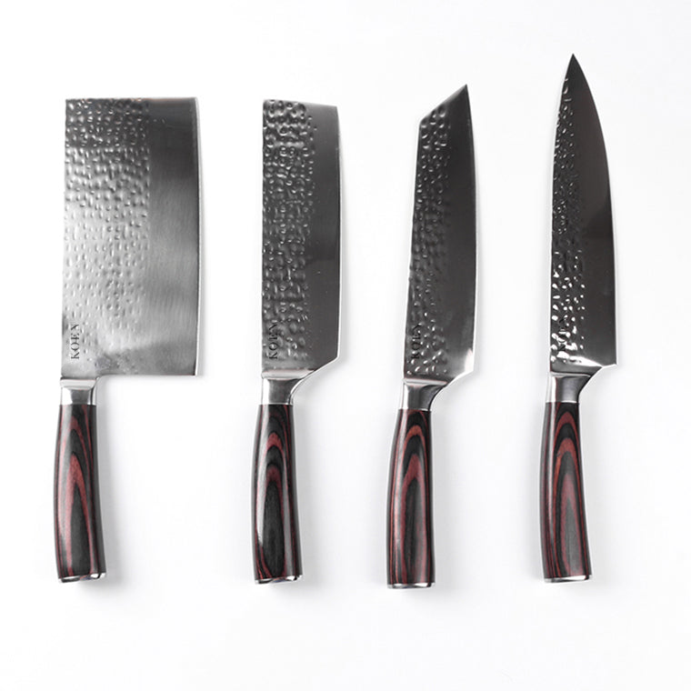 Set 4 Cuchillos KOEN for Chefs Acero Inox. Martillado (Chef 8'’, Nakiri 6.5'', Kiritsuke 8'', Cleaver 7'')