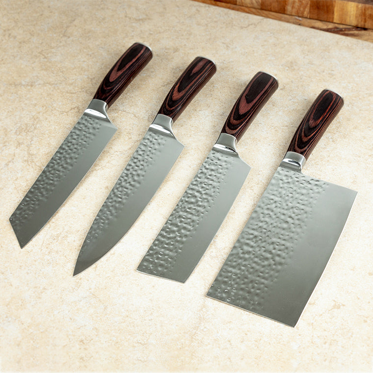 Set 4 Cuchillos KOEN for Chefs Acero Inox. Martillado (Chef 8'’, Nakiri 6.5'', Kiritsuke 8'', Cleaver 7'')