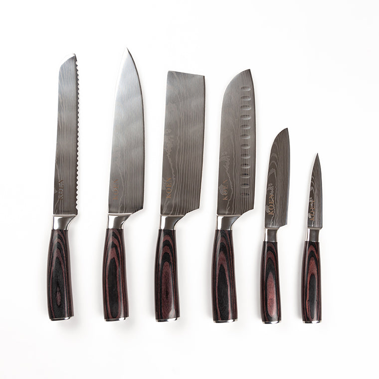 Set 6 Cuchillo KOEN for Chefs Acero Inox. Grabado (Chef 8'’, Pan 8'', Santoku 6.5'', Nakiri 6.5'', Santoku 4.5'', Mondador 4'')