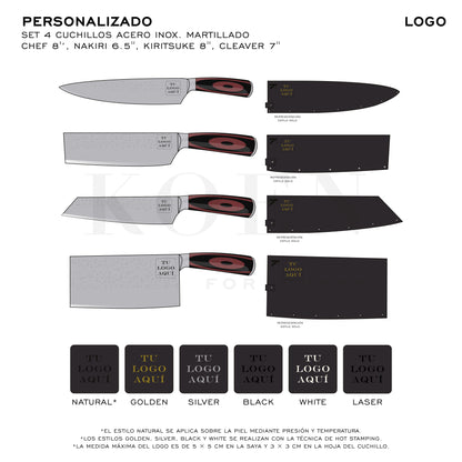 Set 4 Cuchillos KOEN for Chefs Acero Inox. Martillado (Chef 8'’, Nakiri 6.5'', Kiritsuke 8'', Cleaver 7'')