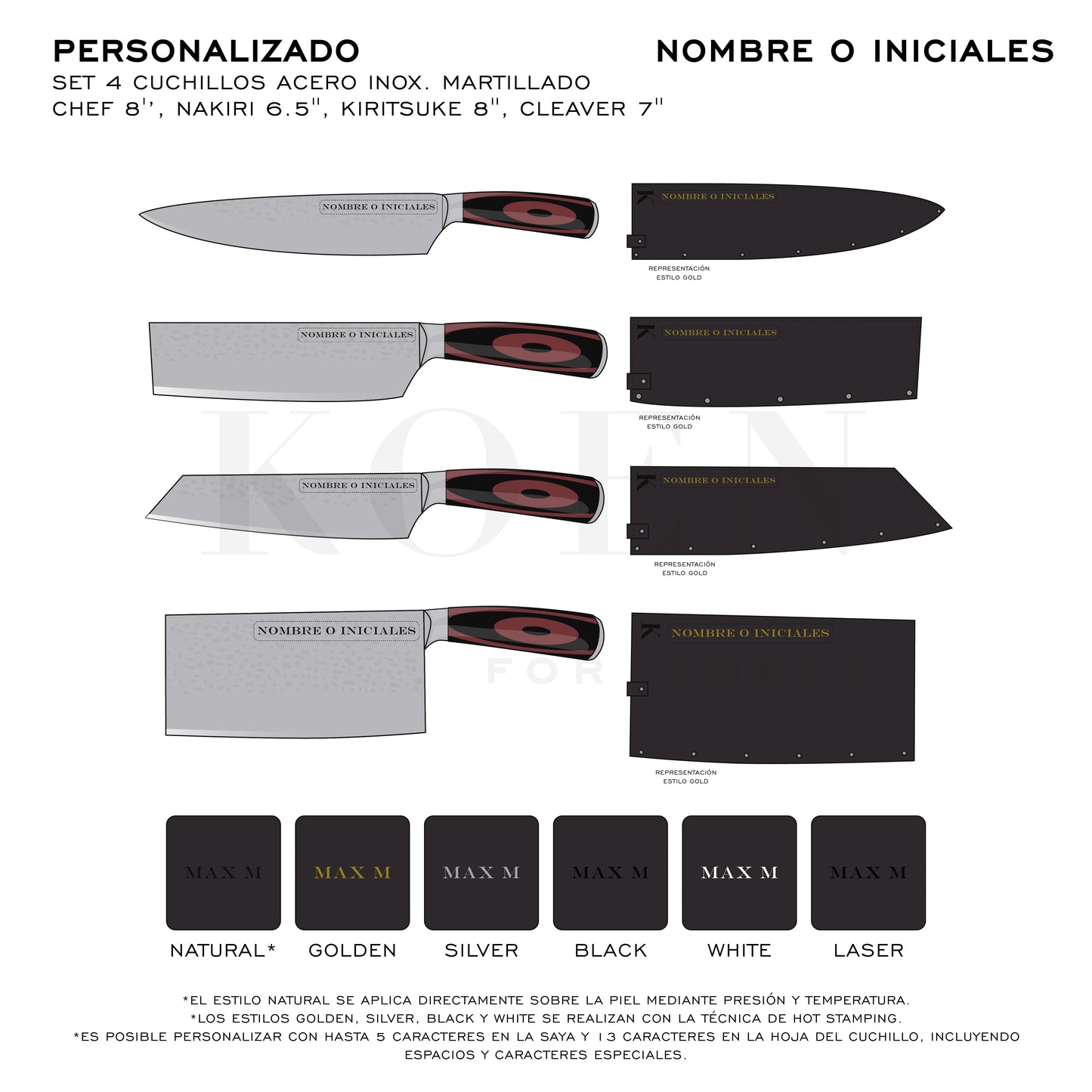 Set 4 Cuchillos KOEN for Chefs Acero Inox. Martillado (Chef 8'’, Nakiri 6.5'', Kiritsuke 8'', Cleaver 7'')