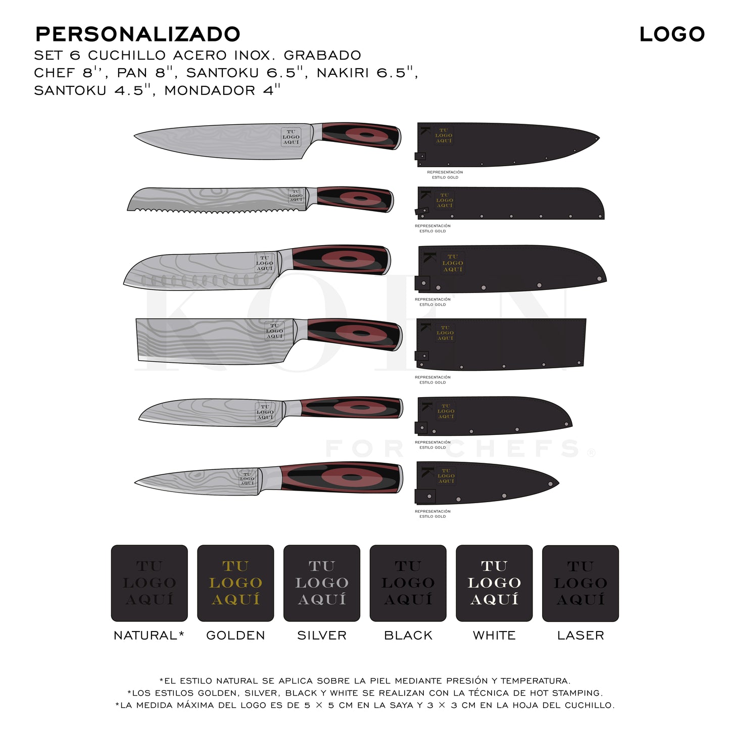 Kit Estuche Mini + Set 6 pz. Cuchillos KOEN for Chefs Acero Inox. Grabado (Chef 8'’, Pan 8'', Santoku 6.5'', Nakiri 6.5'', Santoku 4.5'', Mondador 4'')