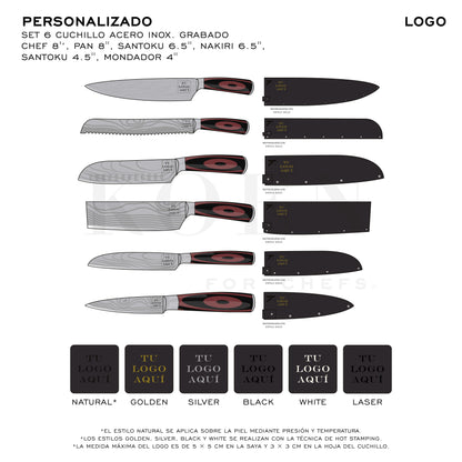 Kit Estuche Mini + Set 6 pz. Cuchillos KOEN for Chefs Acero Inox. Grabado (Chef 8'’, Pan 8'', Santoku 6.5'', Nakiri 6.5'', Santoku 4.5'', Mondador 4'')