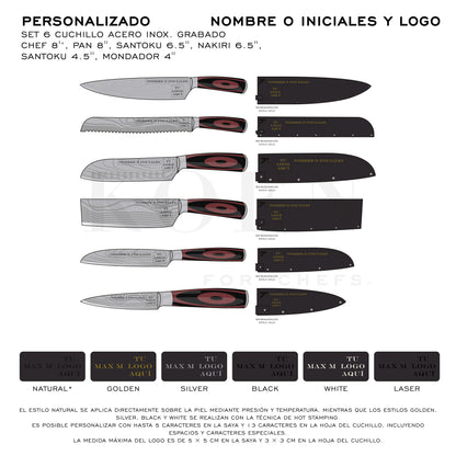 Kit Estuche Mini + Set 6 pz. Cuchillos KOEN for Chefs Acero Inox. Grabado (Chef 8'’, Pan 8'', Santoku 6.5'', Nakiri 6.5'', Santoku 4.5'', Mondador 4'')