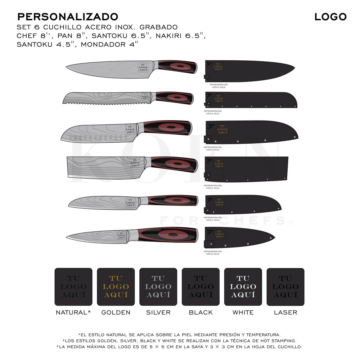 Set 6 Cuchillo KOEN for Chefs Acero Inox. Grabado (Chef 8'’, Pan 8'', Santoku 6.5'', Nakiri 6.5'', Santoku 4.5'', Mondador 4'')