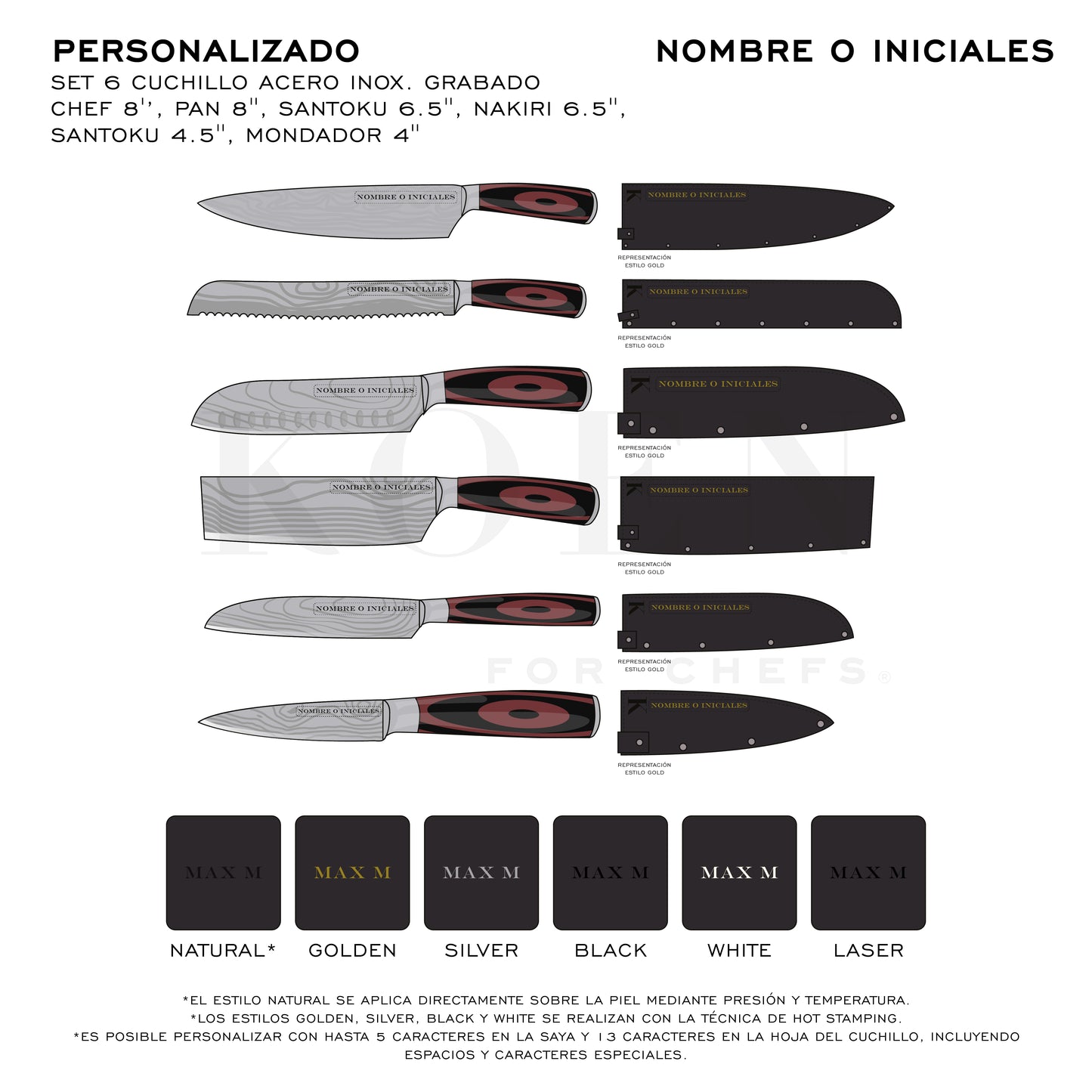Set 6 Cuchillo KOEN for Chefs Acero Inox. Grabado (Chef 8'’, Pan 8'', Santoku 6.5'', Nakiri 6.5'', Santoku 4.5'', Mondador 4'')