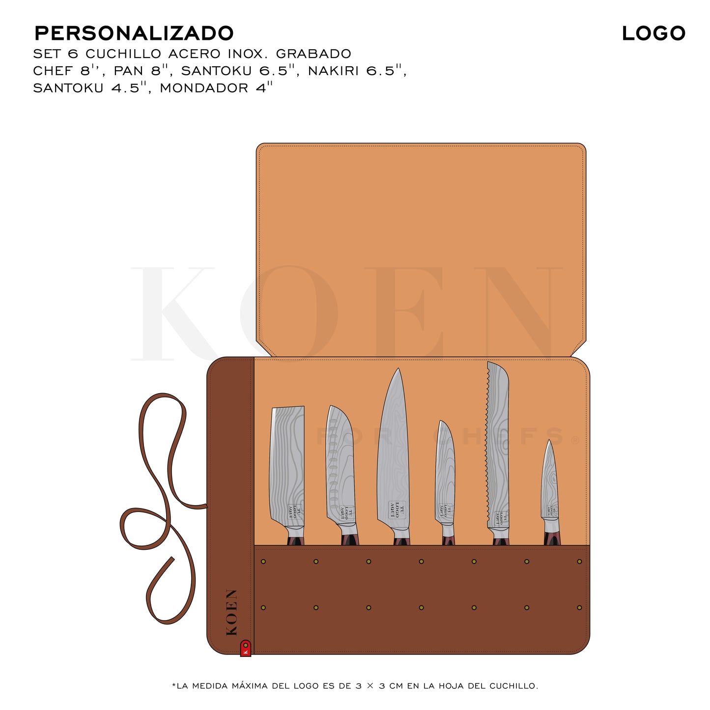 Kit Estuche Mini + Set 6 pz. Cuchillos KOEN for Chefs Acero Inox. Grabado (Chef 8'’, Pan 8'', Santoku 6.5'', Nakiri 6.5'', Santoku 4.5'', Mondador 4'')