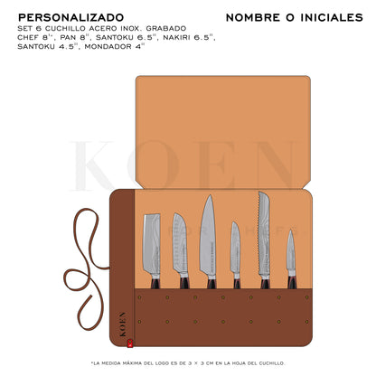 Kit Estuche Mini + Set 6 pz. Cuchillos KOEN for Chefs Acero Inox. Grabado (Chef 8'’, Pan 8'', Santoku 6.5'', Nakiri 6.5'', Santoku 4.5'', Mondador 4'')