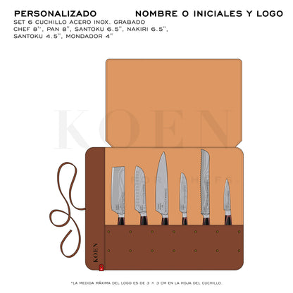 Kit Estuche Mini + Set 6 pz. Cuchillos KOEN for Chefs Acero Inox. Grabado (Chef 8'’, Pan 8'', Santoku 6.5'', Nakiri 6.5'', Santoku 4.5'', Mondador 4'')