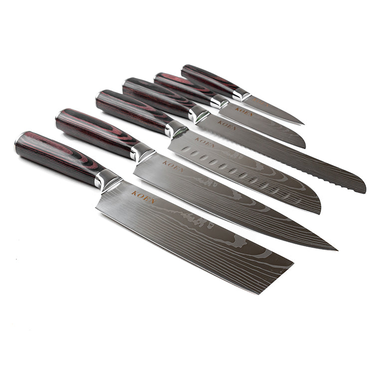 Set 6 Cuchillo KOEN for Chefs Acero Inox. Grabado (Chef 8'’, Pan 8'', Santoku 6.5'', Nakiri 6.5'', Santoku 4.5'', Mondador 4'')