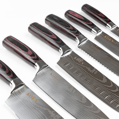 Set 6 Cuchillo KOEN for Chefs Acero Inox. Grabado (Chef 8'’, Pan 8'', Santoku 6.5'', Nakiri 6.5'', Santoku 4.5'', Mondador 4'')