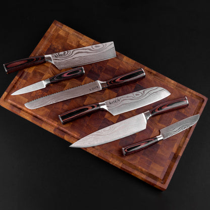 Set 6 Cuchillo KOEN for Chefs Acero Inox. Grabado (Chef 8'’, Pan 8'', Santoku 6.5'', Nakiri 6.5'', Santoku 4.5'', Mondador 4'')