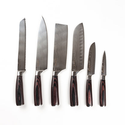 Kit Estuche Mini + Set 6 pz. Cuchillos KOEN for Chefs Acero Inox. Grabado (Chef 8'’, Pan 8'', Santoku 6.5'', Nakiri 6.5'', Santoku 4.5'', Mondador 4'')