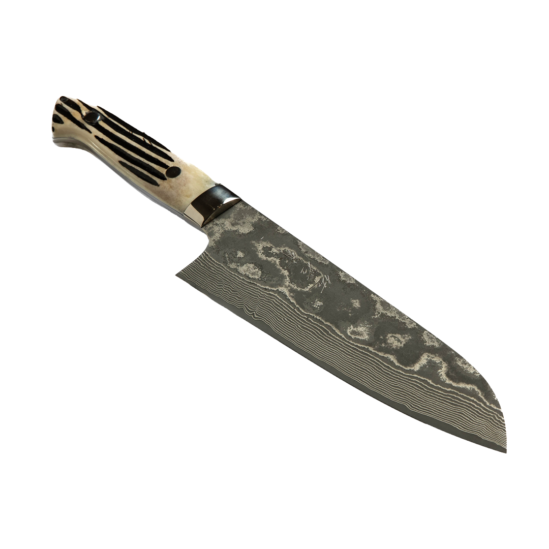 Cuchillo Japonés Santoku Saji Mango Cuerno de Venado Acero Damasco Negro VG10 7"
