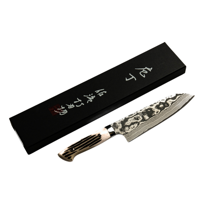 Cuchillo Japonés Santoku Saji Mango Cuerno de Venado Acero Damasco Negro VG10 7"