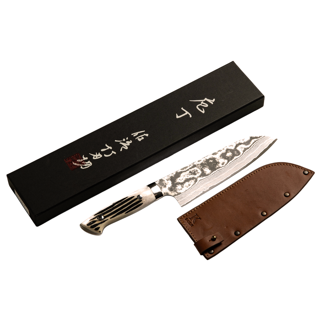Cuchillo Japonés Santoku Saji Mango Cuerno de Venado Acero Damasco Negro VG10 7"